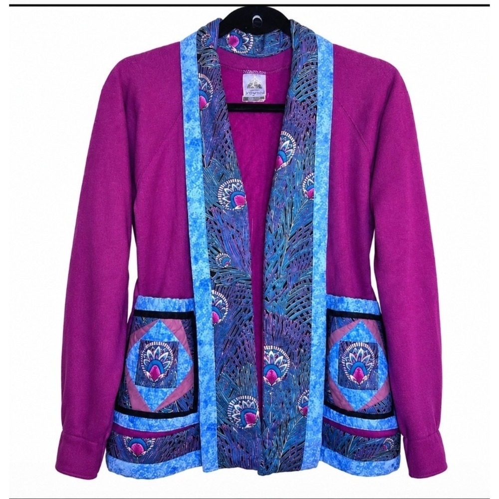 Vintage Quilted Patchwork JE Morgan Fleecewise Cardigan Jacket M Magenta Peacock